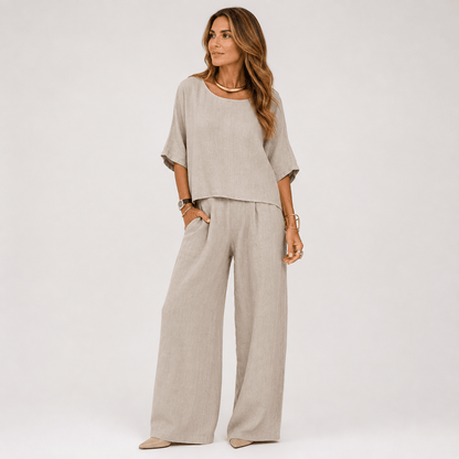 Hannah Young Linen-Blend Two-Piece Top and Wide-Leg Trouser Set
