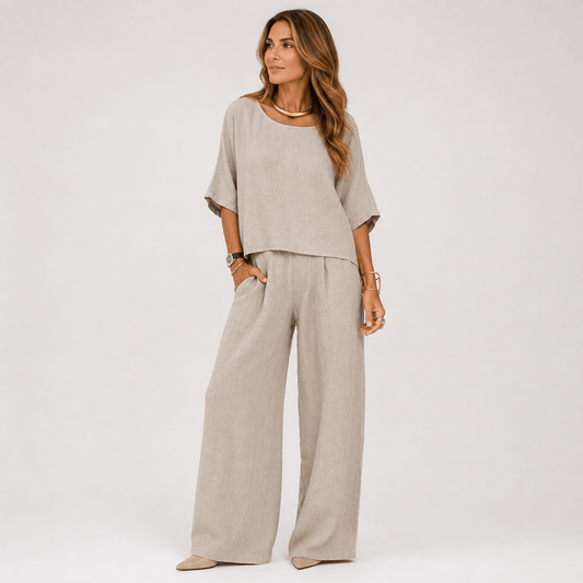 Hannah Young Linen-Blend Two-Piece Top and Wide-Leg Trouser Set