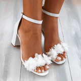 Isabella Fontaine Women's Block Heel Sandals with Floral Appliqué and Ankle Strap