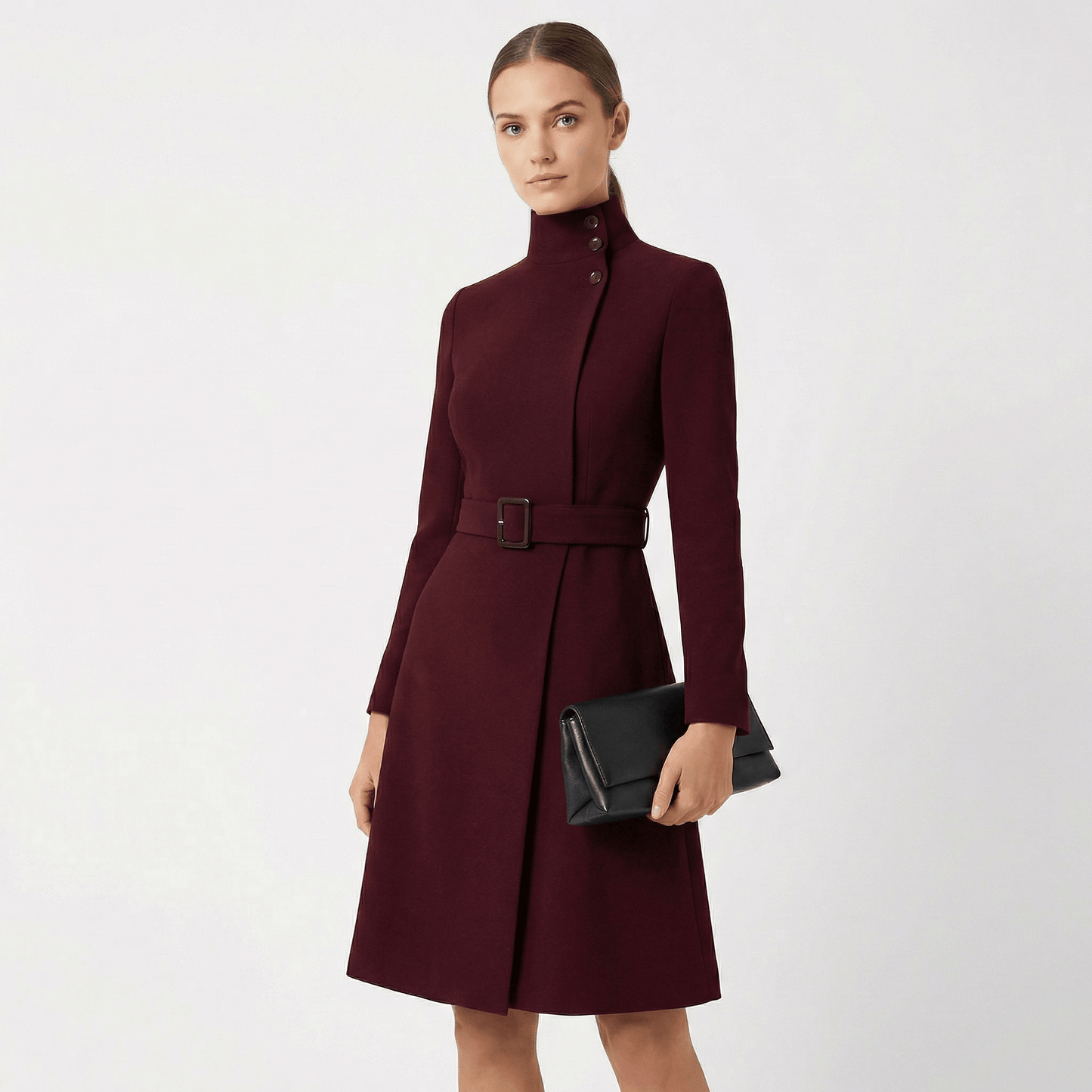 Genevieve Moretti Belted Long Sleeve Midi Dress with Stand Collar
