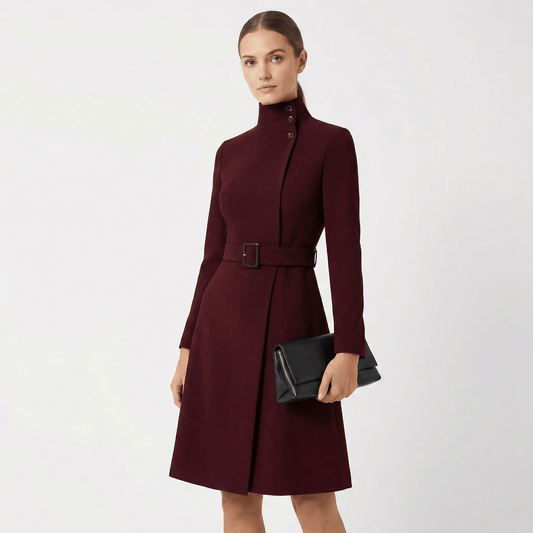 Genevieve Moretti Belted Long Sleeve Midi Dress with Stand Collar