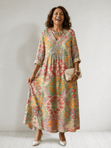 Virginia Patchwork Print Long-Sleeve Cotton Midi Dress for Women