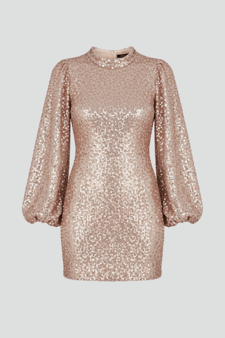 Sequin Bishop Sleeve Mini Dress with Round Neckline