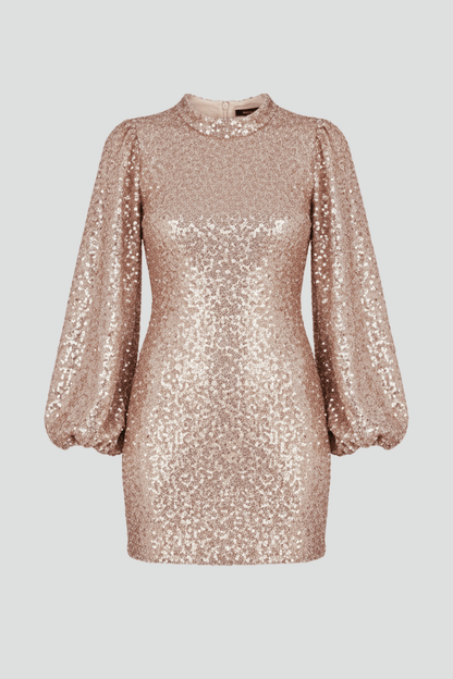 Sequin Bishop Sleeve Mini Dress with Round Neckline