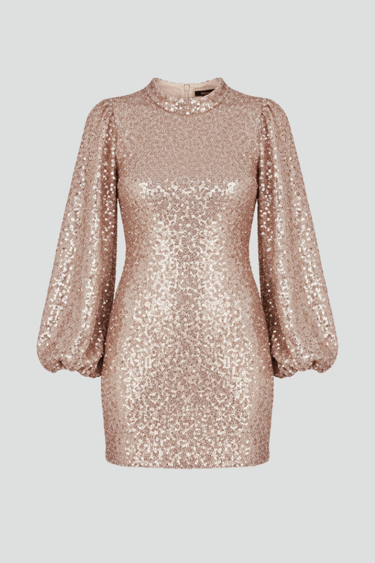 Sequin Mini Dress with Round Neckline and Bishop Sleeves