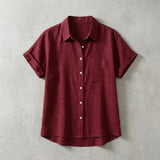 Women's Short Sleeve Linen Button-Up Top with Chest Pocket