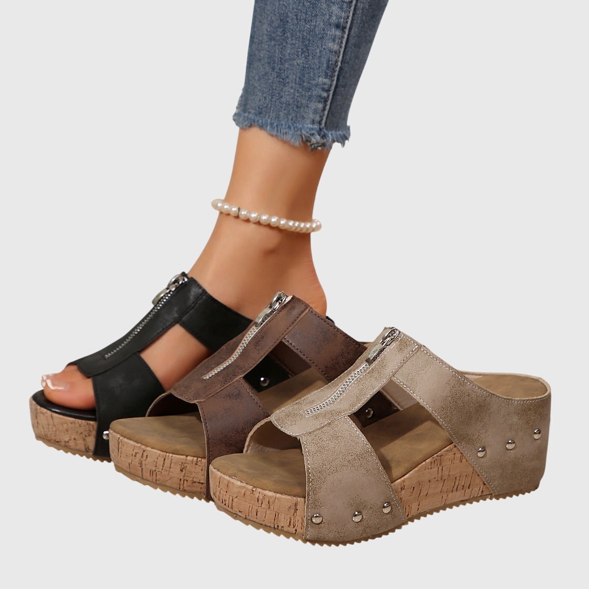 Jazlyn Orthopedic Open-Toe Wedge Sandals with Front Zip and Metal Stud Detail
