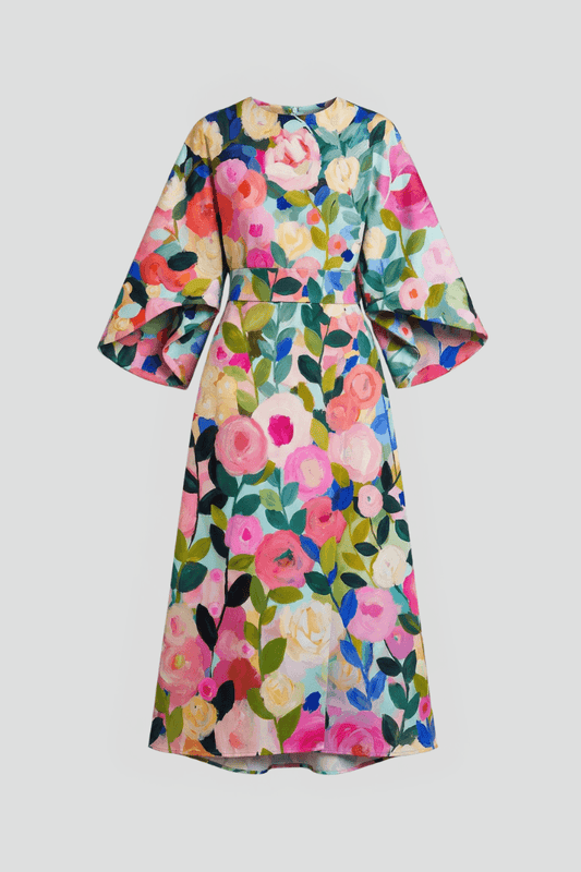 Floral Print Round Neck Women's Midi Dress with Wide Bell Sleeves