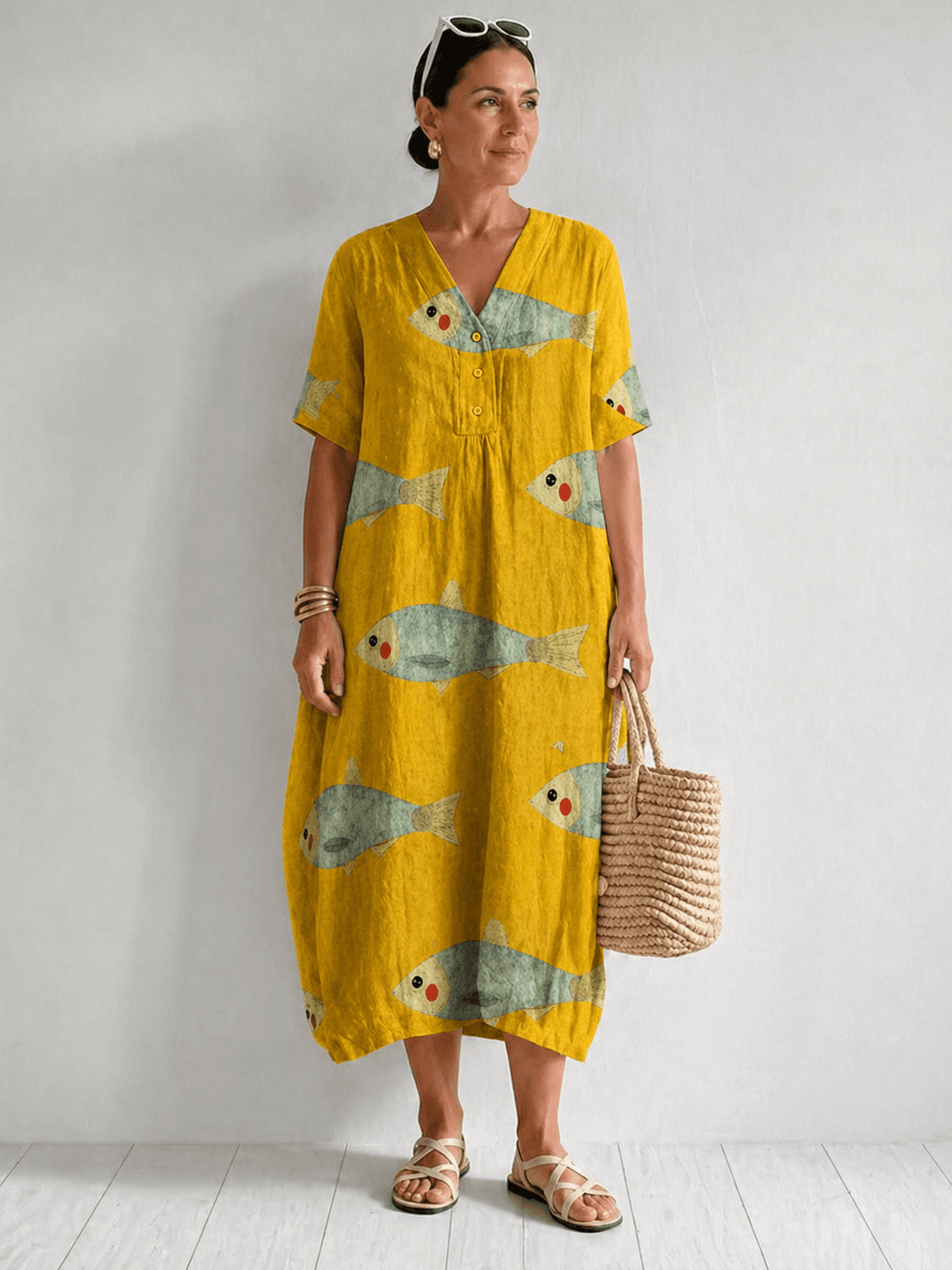 Agnes Fish Print Cotton V-Neck Dress for Women in Midi Length