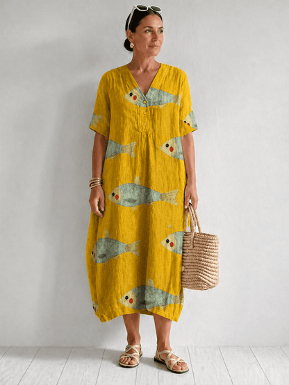 Agnes Fish Print Cotton V-Neck Dress for Women in Midi Length