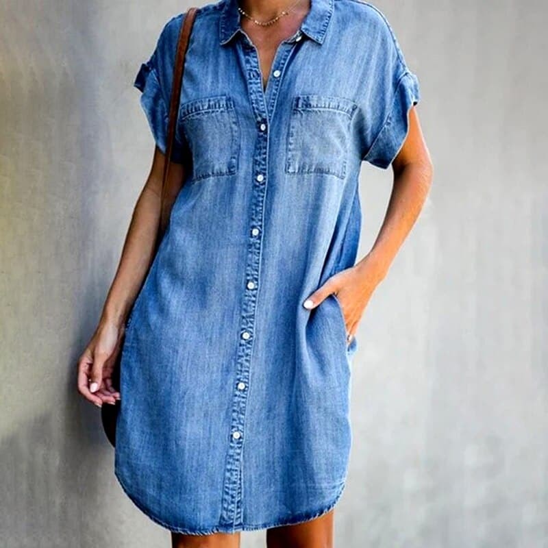 Josephine Button-Down Chambray Denim Mini Shirt Dress with Pockets for Women