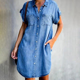Josephine Button-Down Chambray Denim Mini Shirt Dress with Pockets for Women