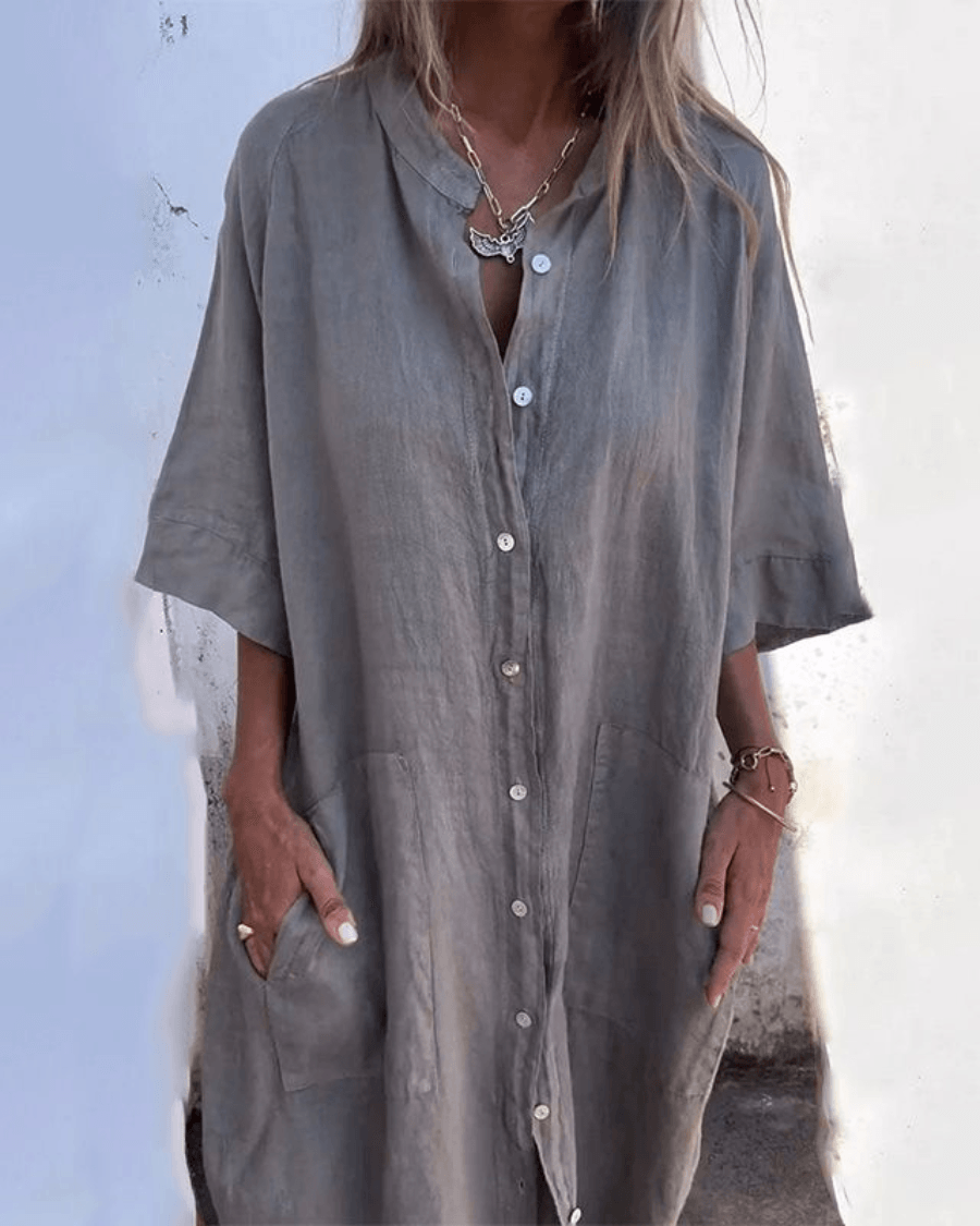 Valerie Button-Up Summer Midi Shirt Dress with Half Sleeves and Patch Pockets
