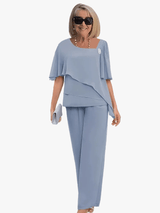 Women's Matching Two-Piece Set with Layered Flutter-Sleeve Top and Wide-Leg Pants