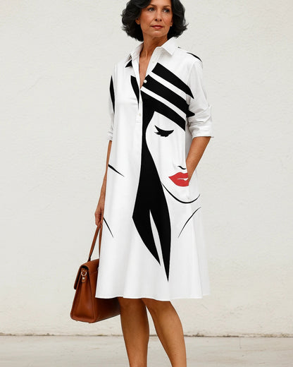 Graphic Print Knee-Length Shirt Dress with Long Sleeves and Button-Down Front