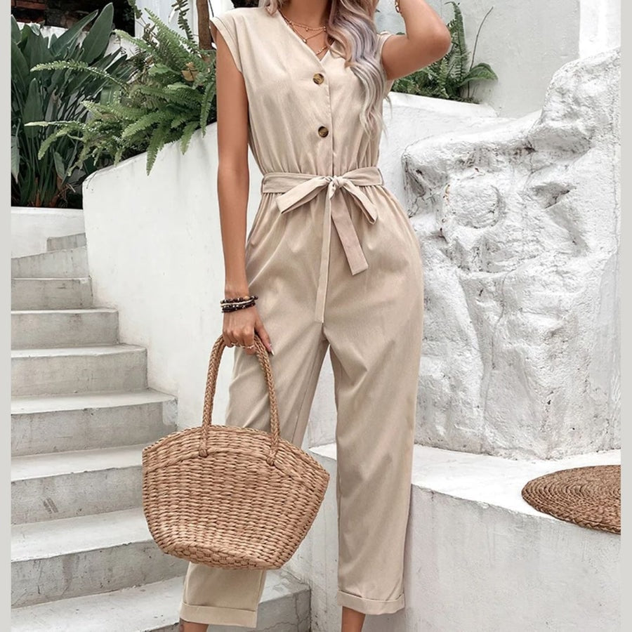 Belted Button-Front Sleeveless Jumpsuit for Women