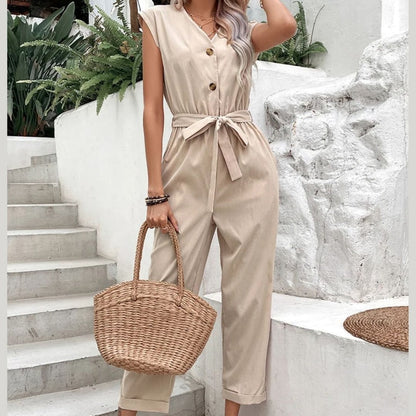 Belted Button-Front Sleeveless Jumpsuit for Women