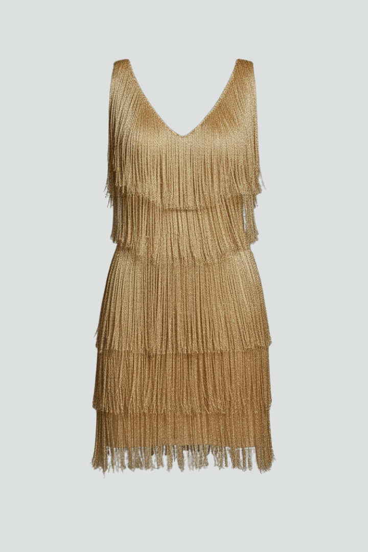 Fringe Detail V Neck Mini Dress with Tiered Shimmer Overlay