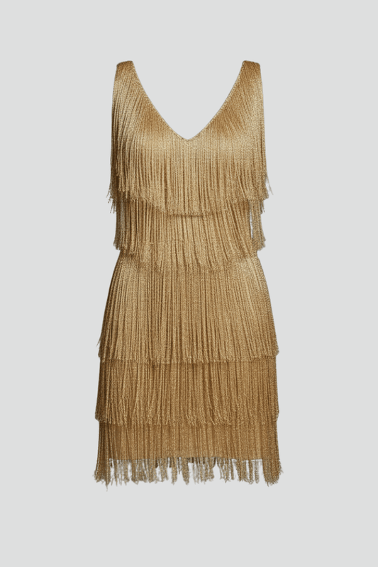 Fringe Detail V Neck Mini Dress with Tiered Shimmer Overlay