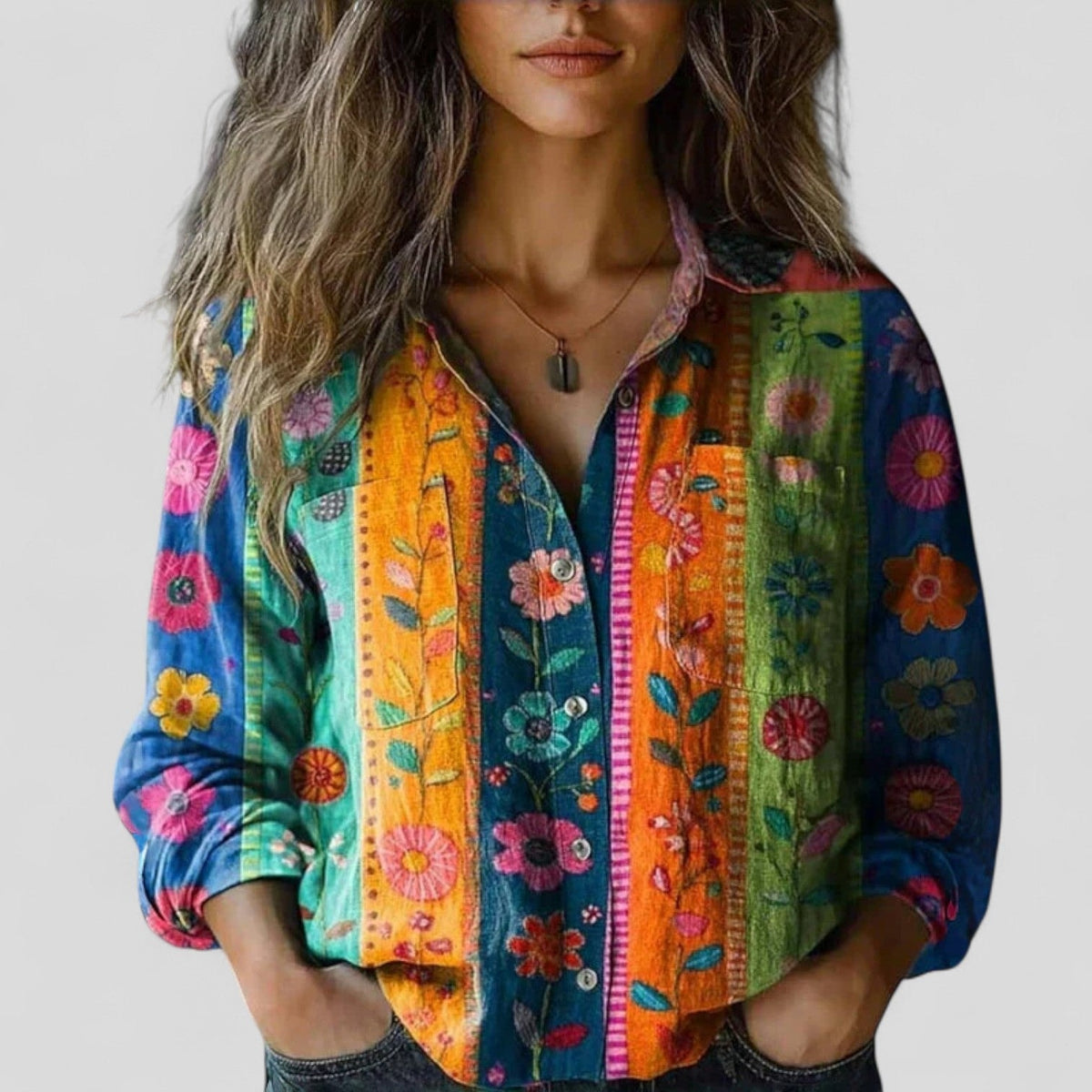Floral Linen Button-Up Shirt with Chest Pockets and Long Sleeves