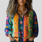 Floral Linen Button-Up Shirt with Chest Pockets and Long Sleeves