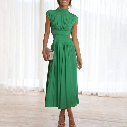 Ilaria Cutout Waist Pleated Cotton Maxi Dress with High Neck for Modest Summer Wear