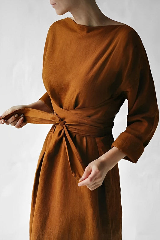 Women's Linen Wrap-Tie Long-Sleeve Dress with Belted Waist
