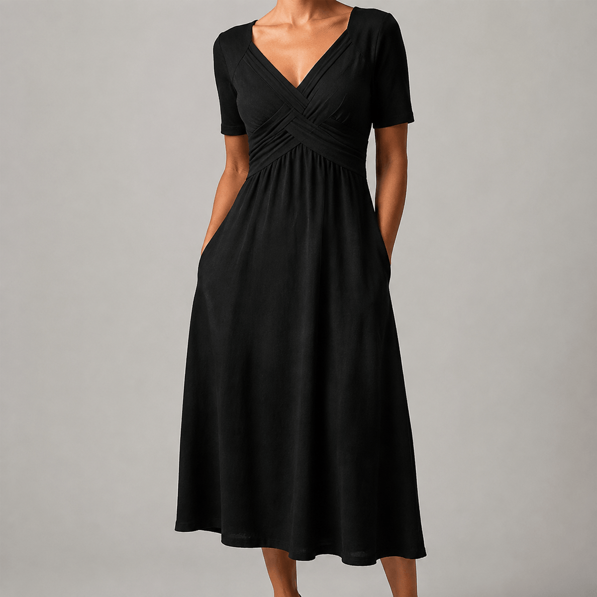 Villefranche Crossover V-Neck Jersey Knit A-Line Women's Midi Dress with Pockets