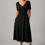 Villefranche Crossover V-Neck Jersey Knit A-Line Women's Midi Dress with Pockets