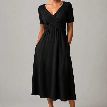 Villefranche Crossover V-Neck Jersey Knit A-Line Women's Midi Dress with Pockets