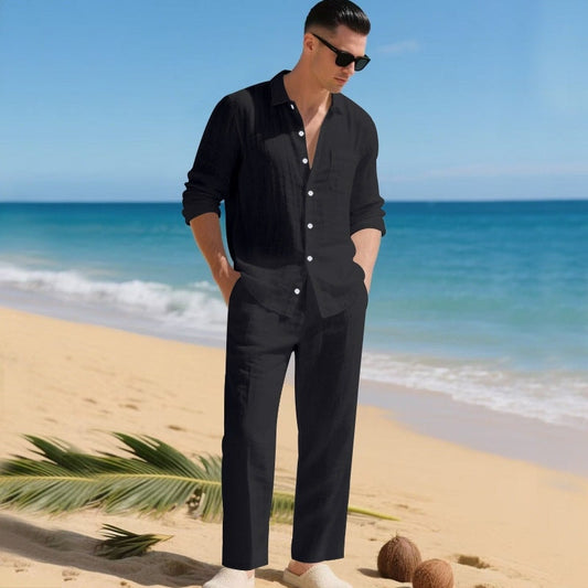 Men's Matching Two-Piece Linen Set with Long-Sleeve Shirt and Pants