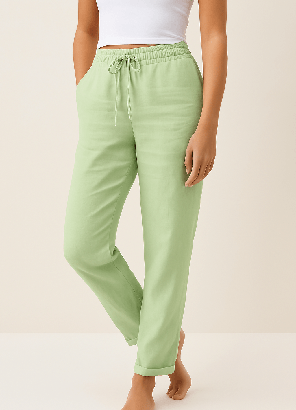 Lightweight Linen Blend Summer Pants with Elastic Drawstring Waist and Pockets