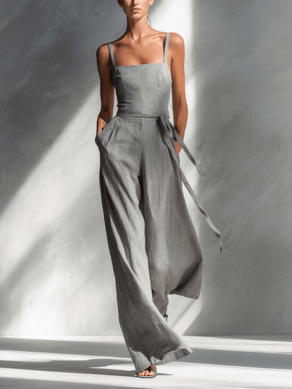 Women's Wide-Leg Tie-Waist Linen Jumpsuit with Adjustable Straps