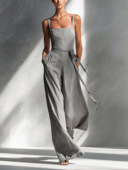 Women's Wide-Leg Tie-Waist Linen Jumpsuit with Adjustable Straps