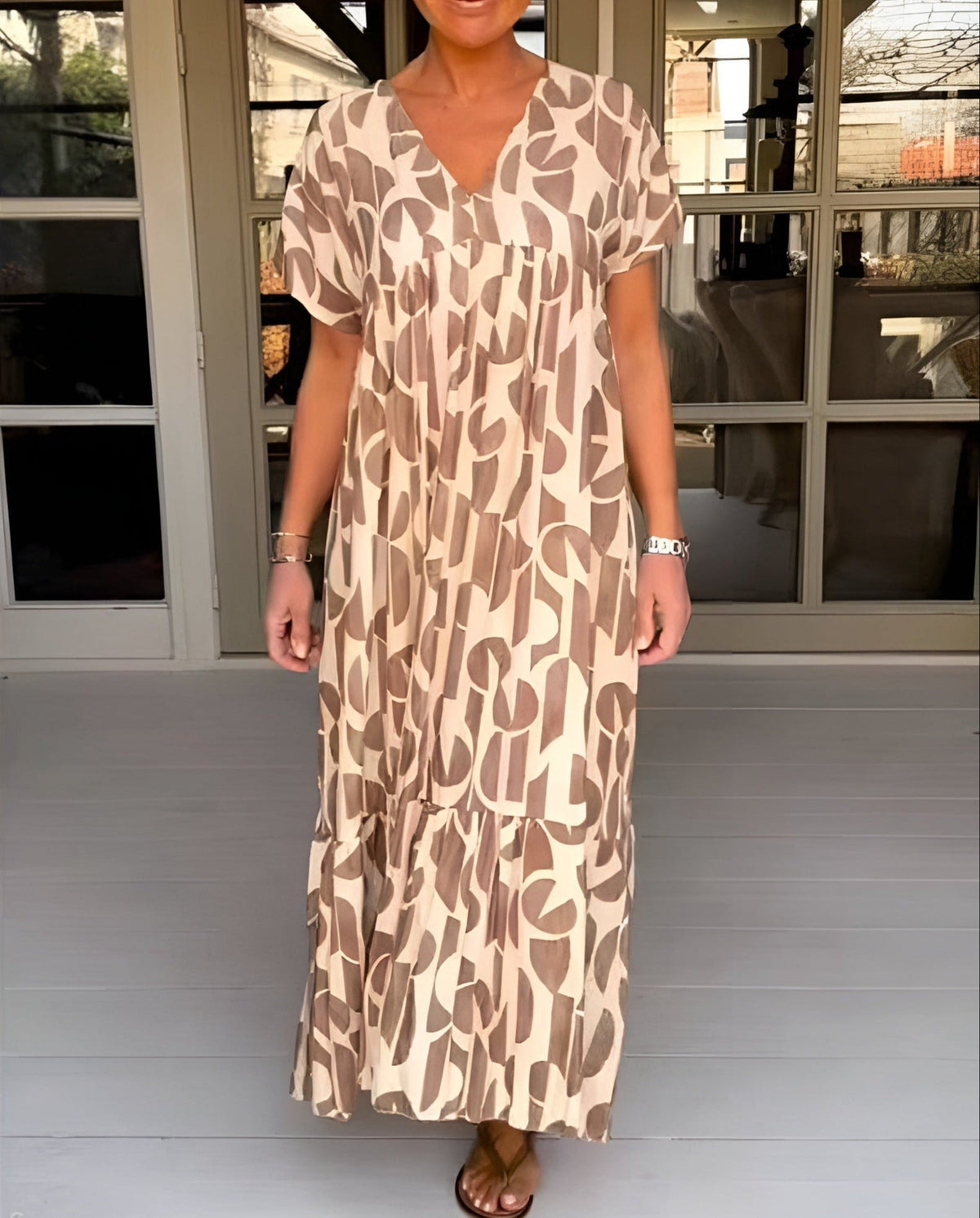 Colette Loose Short-Sleeve V-Neck Maxi Dress with Geometric Print and Tiered Hem