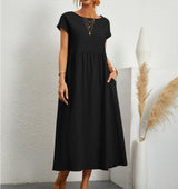 Cotton Blend Women's Midi Dress with Pockets and Cap Sleeves
