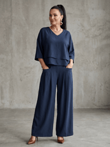 Matching Co-Ord Two-Piece Set with Layered V-Neck Top and Wide-Leg Pants