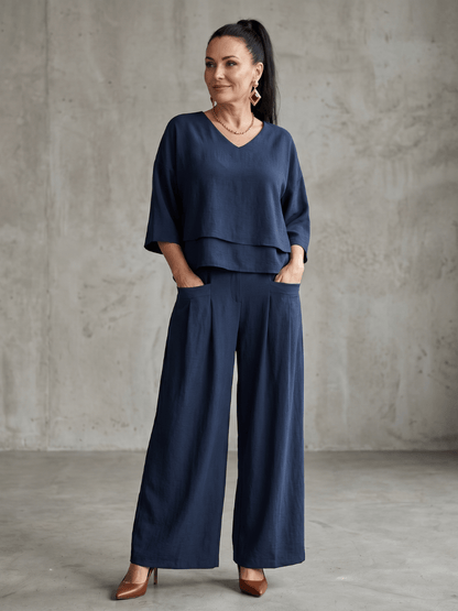Matching Co-Ord Two-Piece Set with Layered V-Neck Top and Wide-Leg Pants
