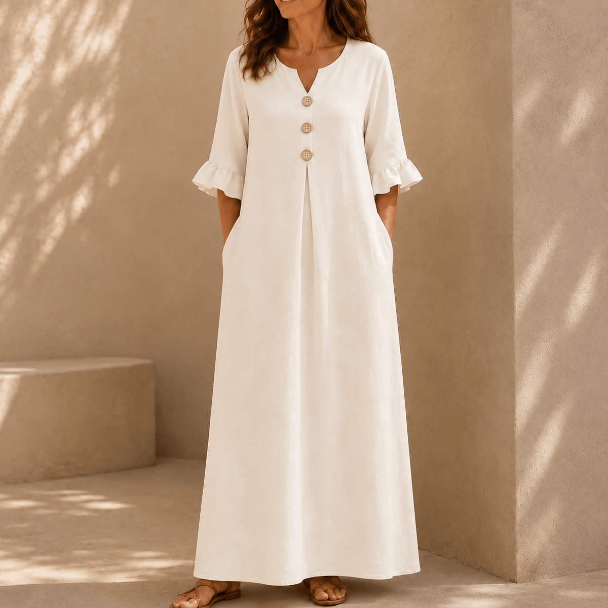 Marellia Flowy Linen-Look V-Neck Summer Maxi Dress with Ruffle Sleeves and Pockets