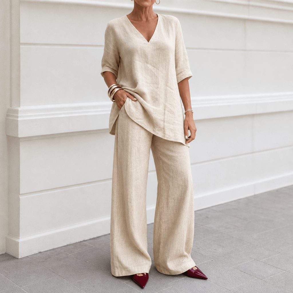 Draperly V-Neck Linen-Look Matching Set with Wide-Leg Pants