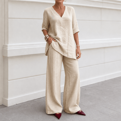 Draperly V-Neck Linen-Look Matching Set with Wide-Leg Pants