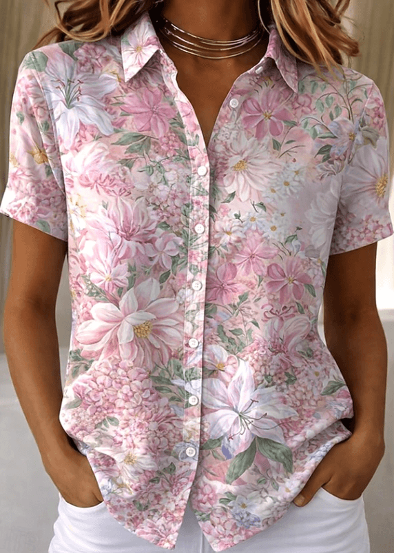 Collared Floral Print Short Sleeve Button-Up Top for Summer