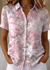 Collared Floral Print Short Sleeve Button-Up Top for Summer
