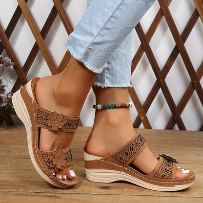 Delor Open-Toe Slide Sandals with Flower Detail and Rhinestone Wedge Sole