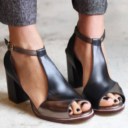 Black Block Heel Peep-Toe Comfort Sandals with Ankle Strap for Women