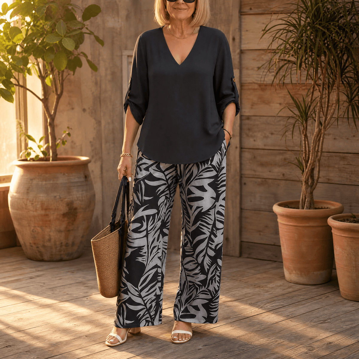 V-Neck Top and Leaf-Print Wide-Leg Two-Piece Set for Women