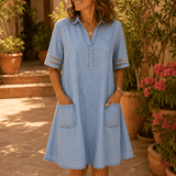 Women's Denim Shirt-Collar A-Line Midi Dress with Front Pockets