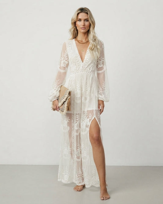 Grace Alderton Floral Lace Maxi Sundress with Side Slit for Women