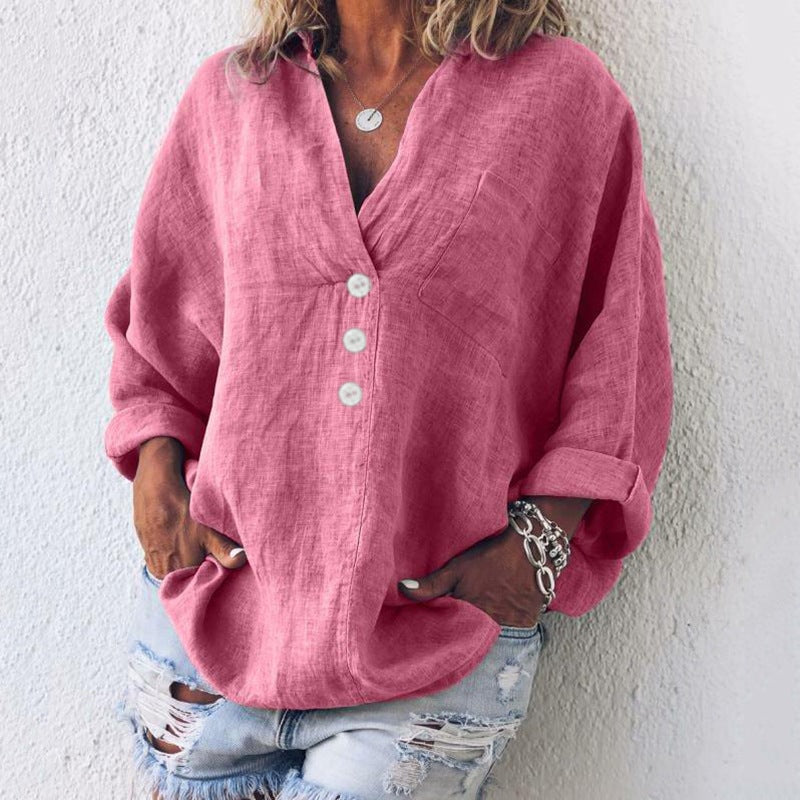 Women's Long Sleeve Button-Up Polyester Blouse with Chest Pocket