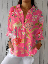 Women's Tropical Floral Long Sleeve Blouse with V-Neckline